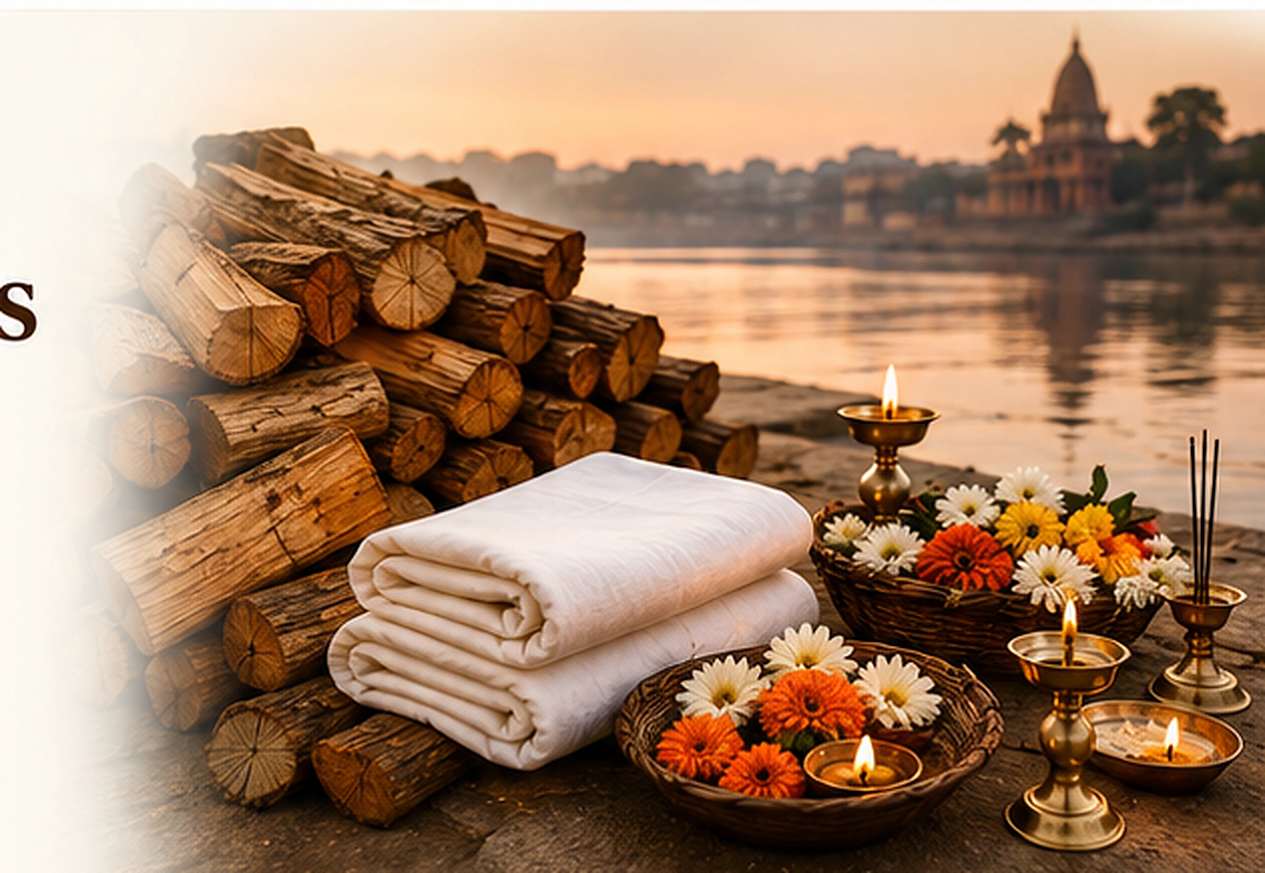 Cremation wood, white shroud cloth, flowers and prayer items by a river