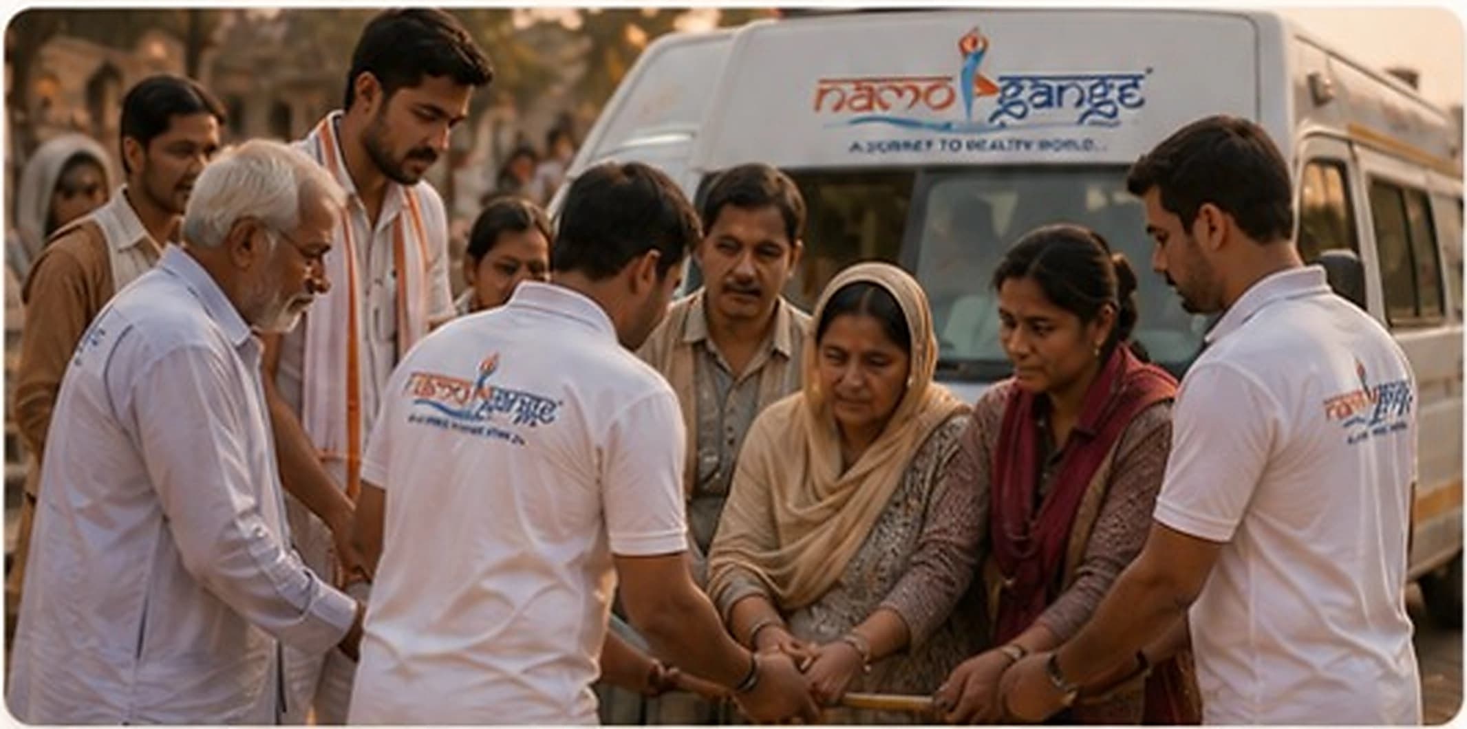 Support team standing with a family