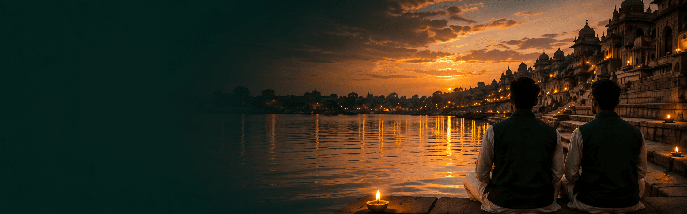 Moksha Sewa volunteers beside a sacred river ghat at sunset