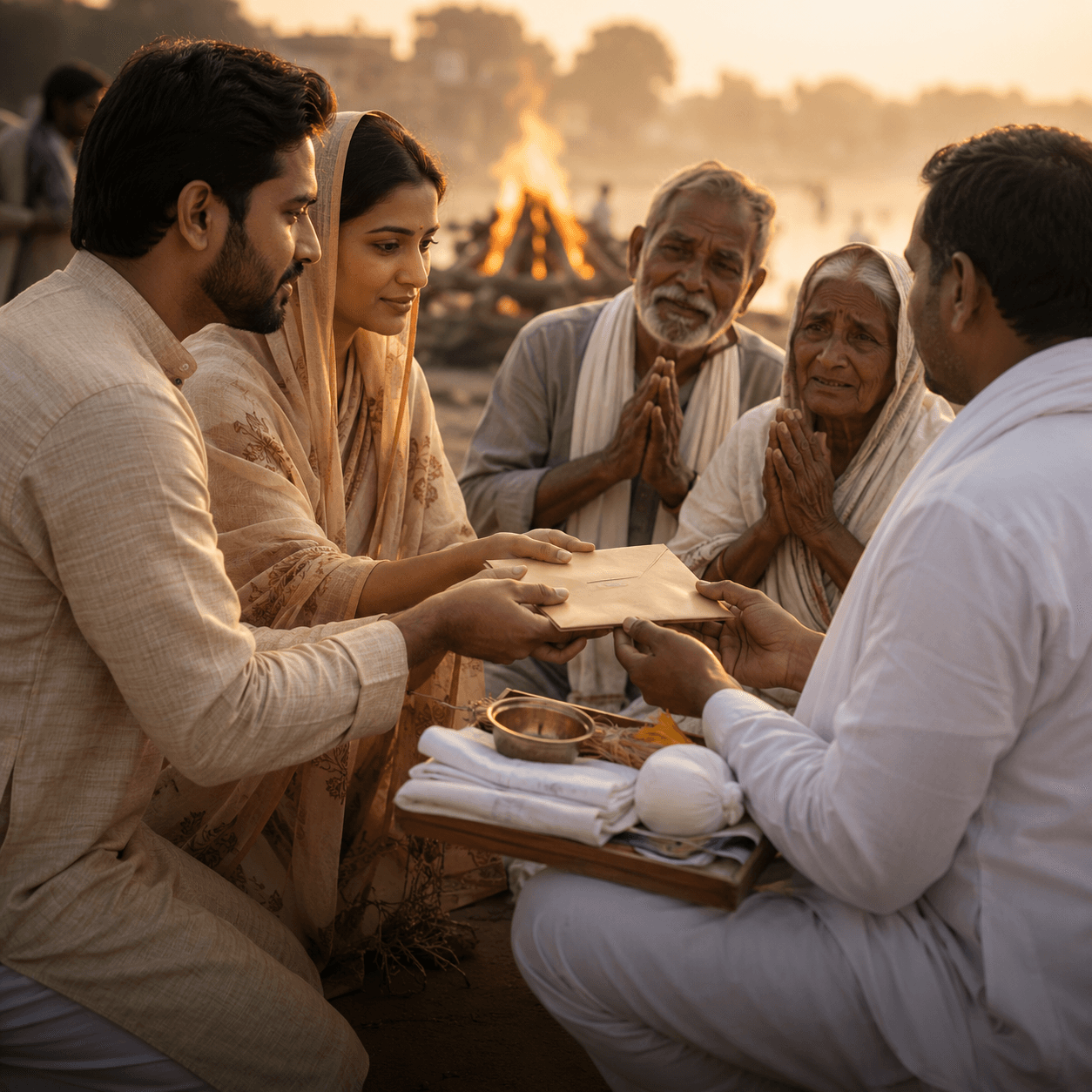 A person placing a donation into a Sewa donation box by the river