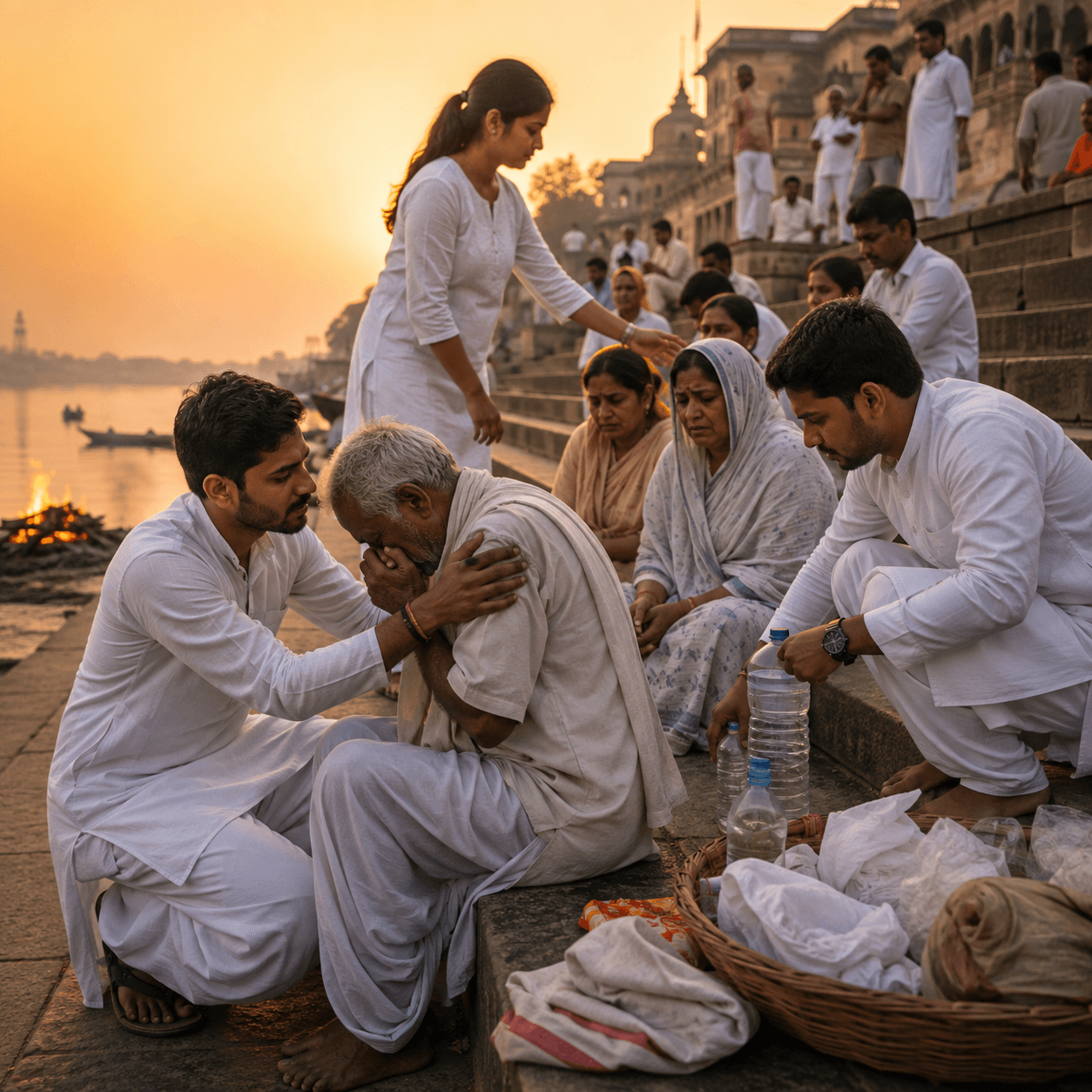 Volunteers supporting an elderly person with compassion