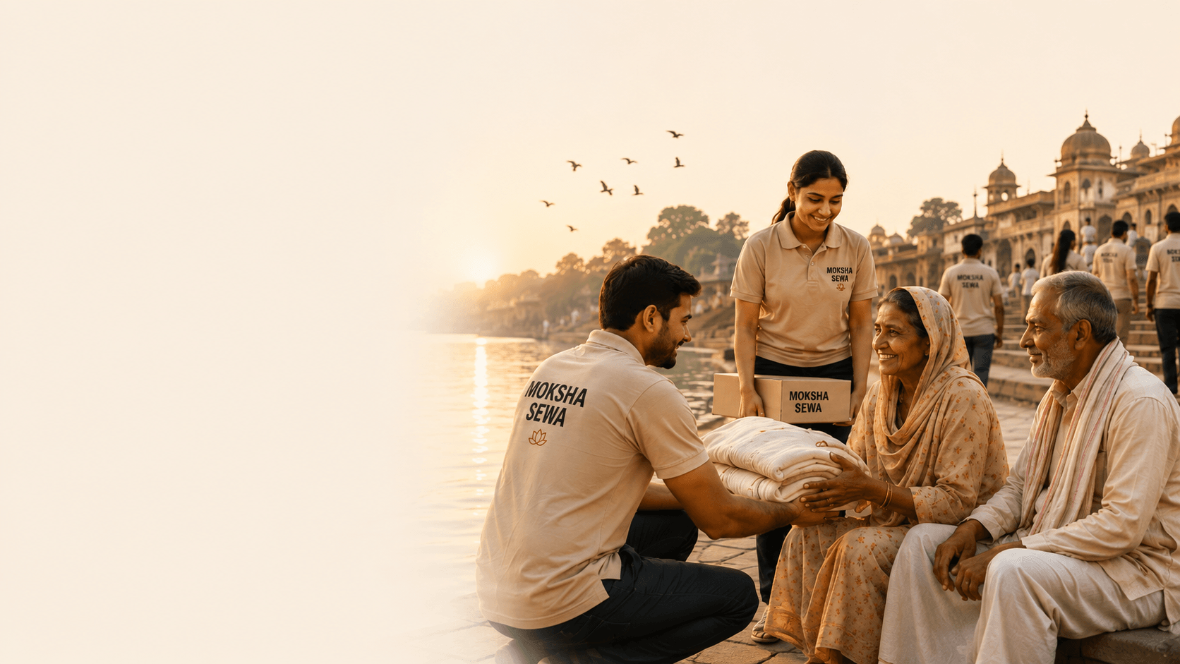 Moksha Sewa volunteers supporting an elderly couple