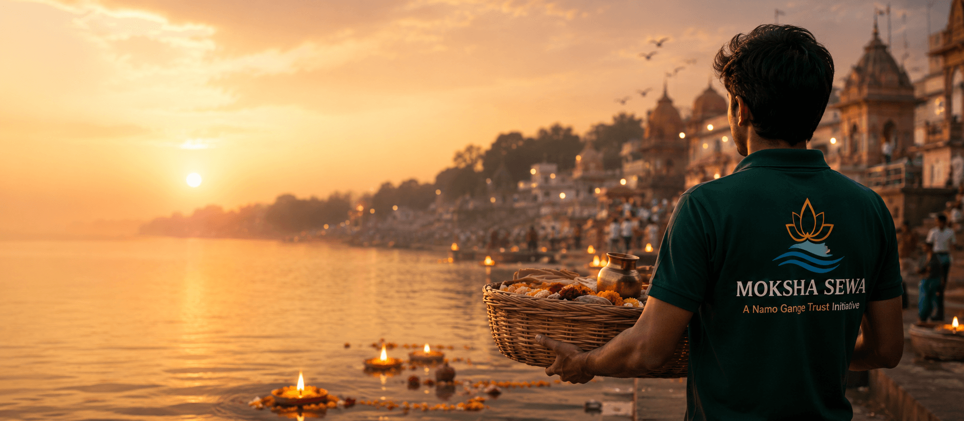 Moksha Sewa volunteer carrying ritual materials at a sacred river ghat