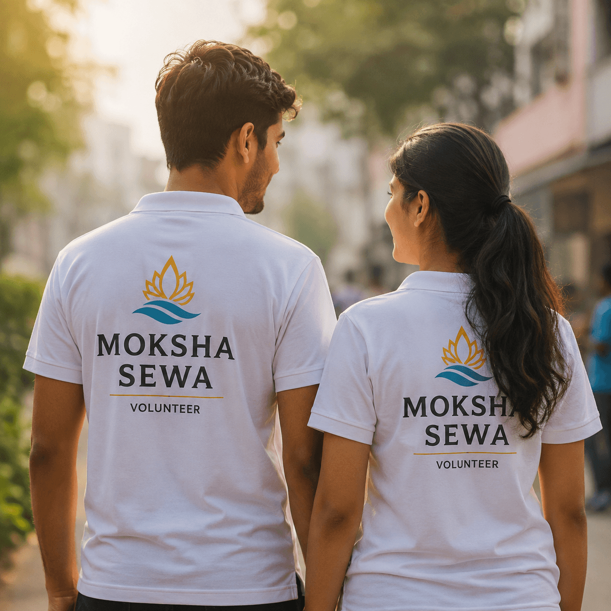 Two Moksha Sewa volunteers in branded polo shirts standing together