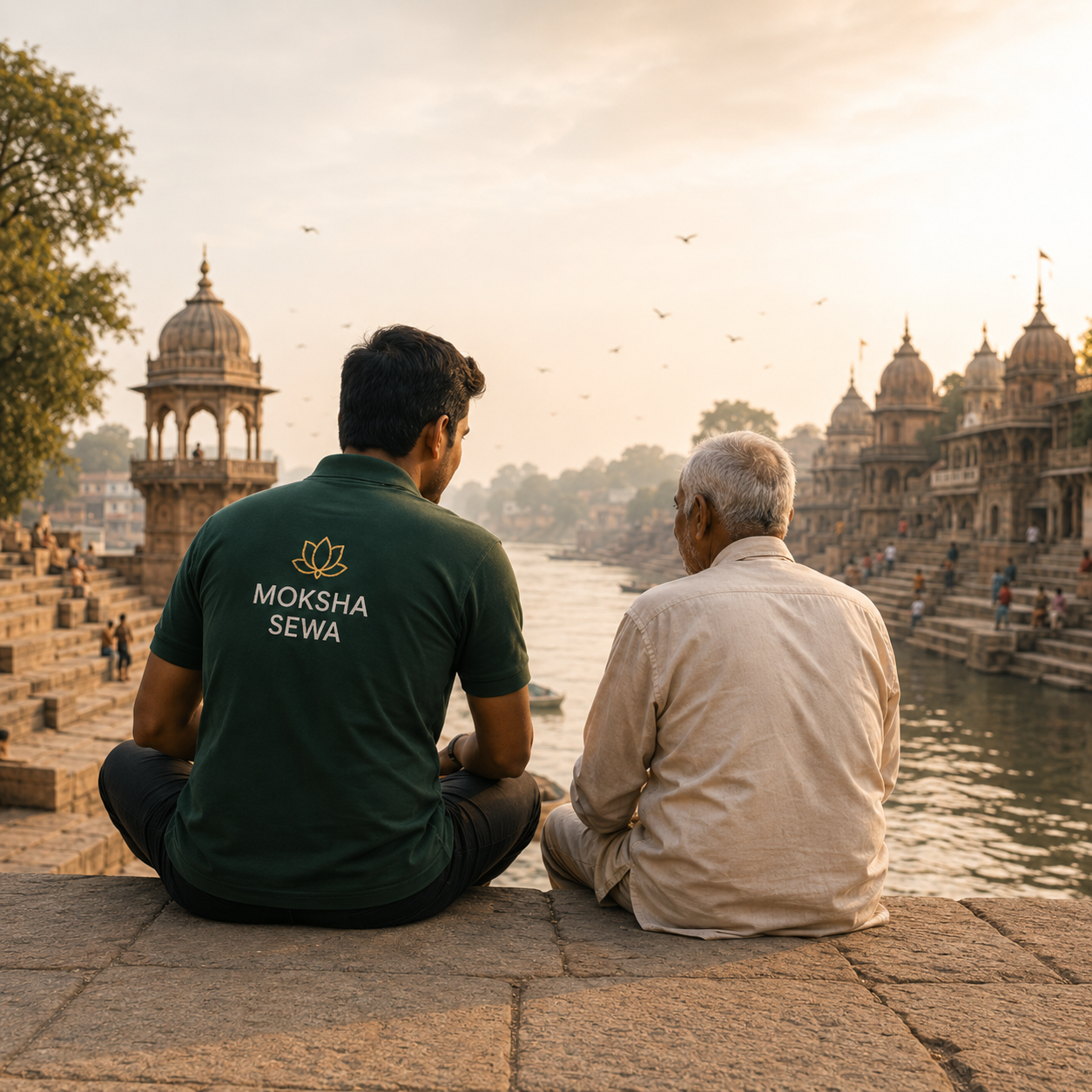 Moksha Sewa volunteer supporting an elderly person
